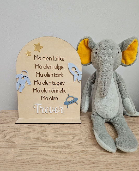 Personaalne puidust afirmatsioonitahvel lastele "Kosmos"