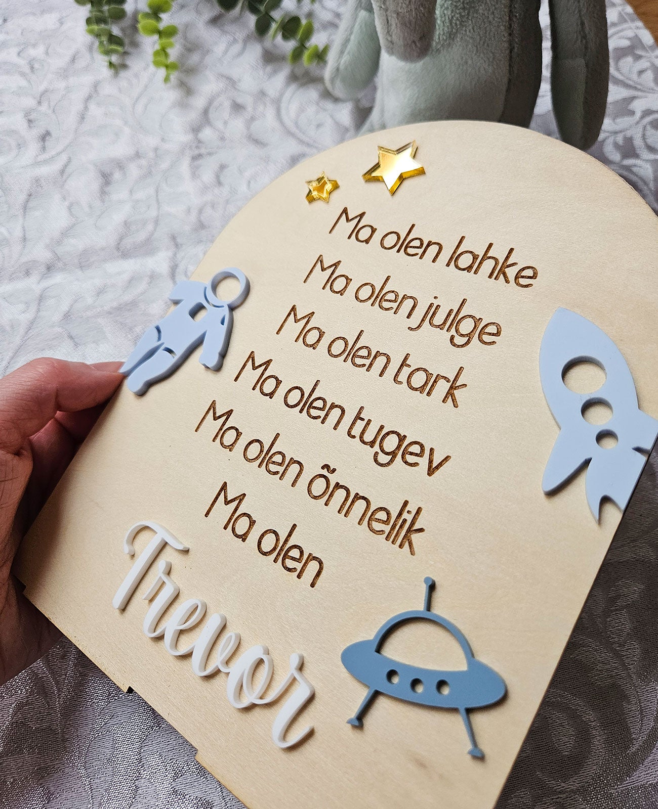 Personaalne puidust afirmatsioonitahvel lastele "Kosmos"