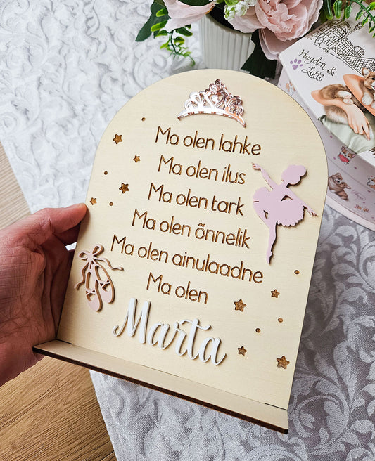 Personaalne puidust afirmatsioonitahvel lastele "Baleriin"