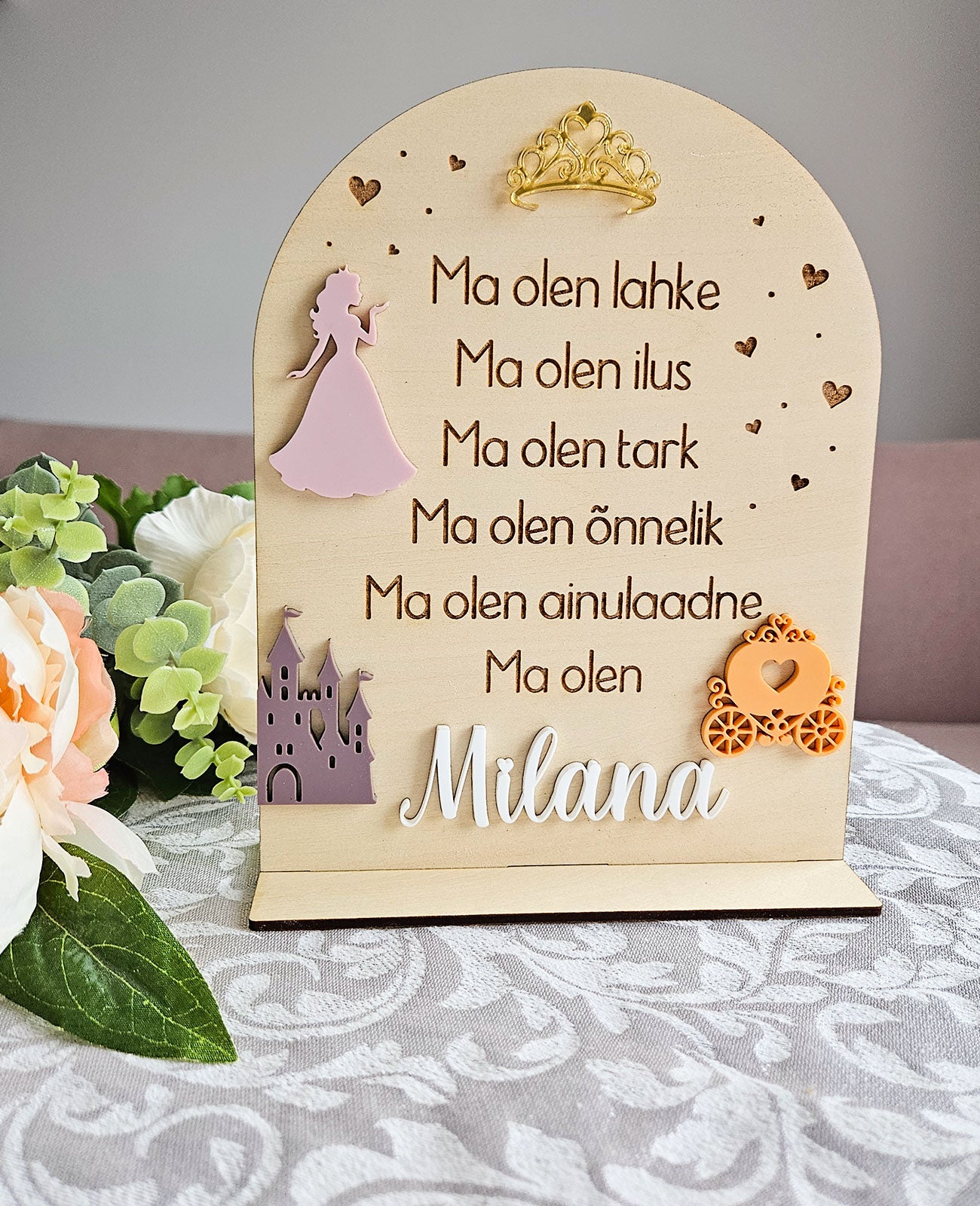 Personaalne puidust afirmatsioonitahvel lastele "Printsess"
