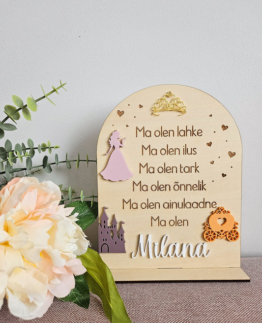 Personaalne puidust afirmatsioonitahvel lastele "Printsess"