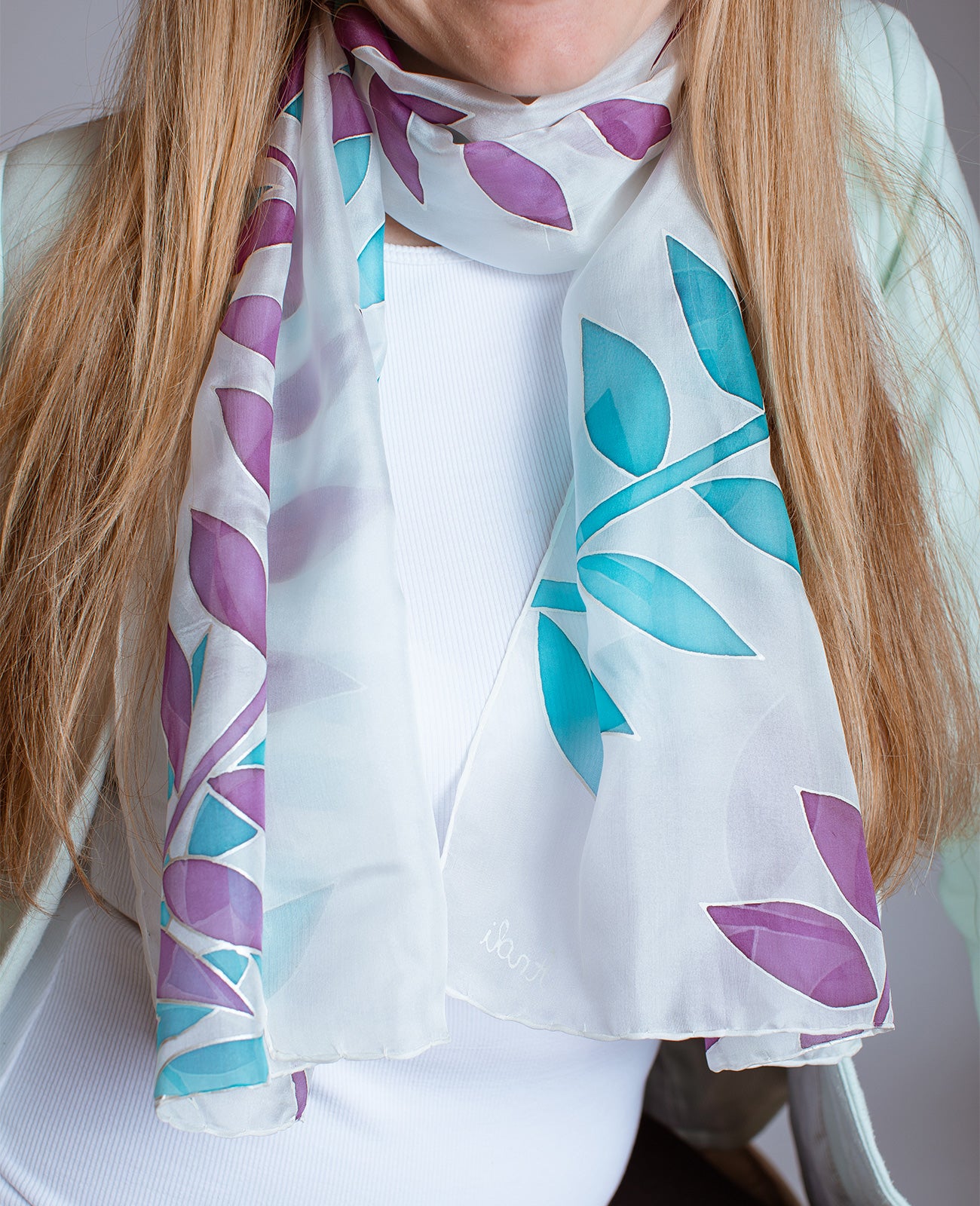 Blue and Purple Leaves Hand Painted Silk Scarf