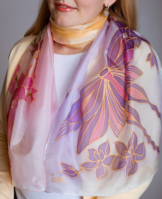 Purple Butterfly Hand Painted Silk Scarf