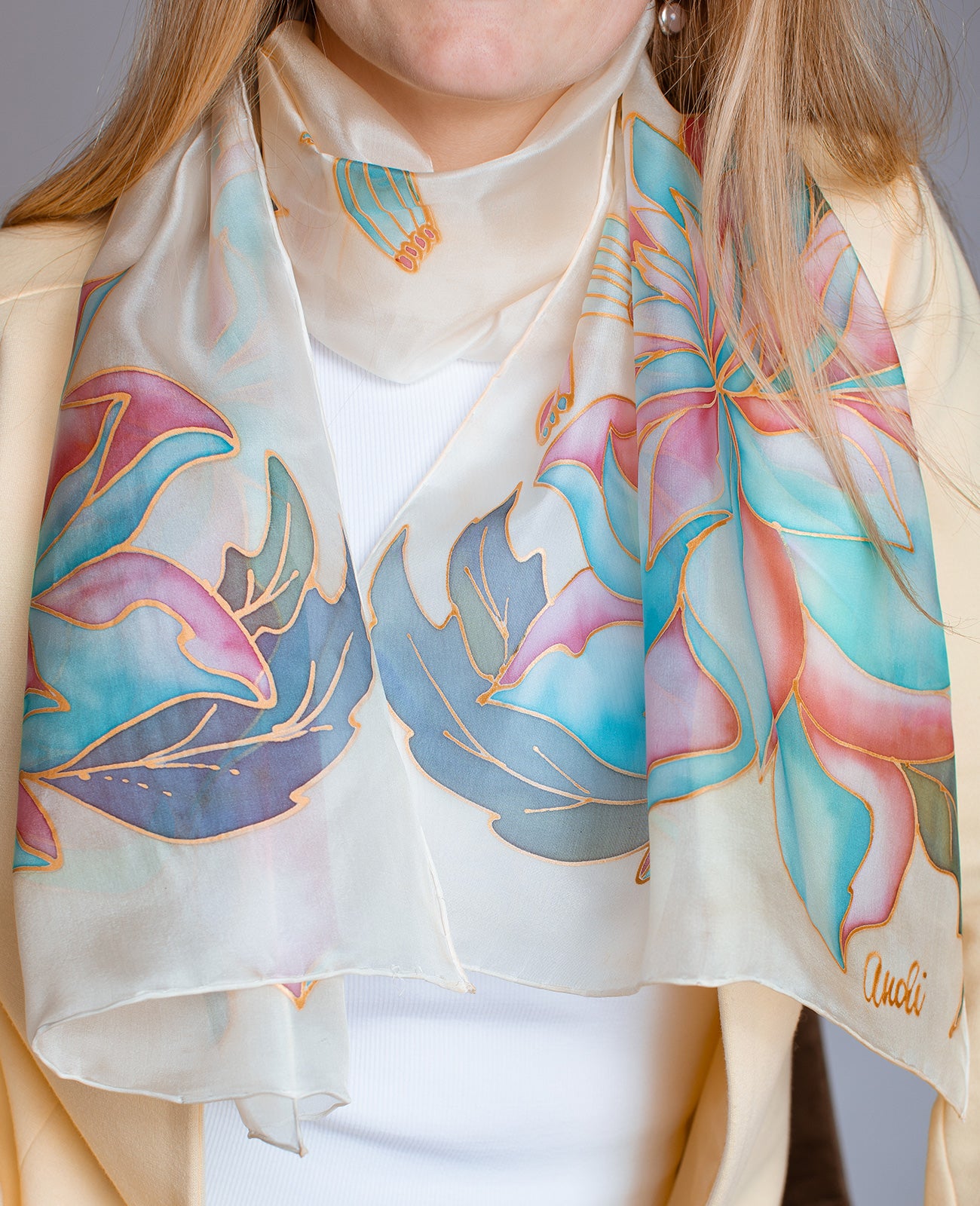 Peony Flowers Hand Painted Silk Scarf