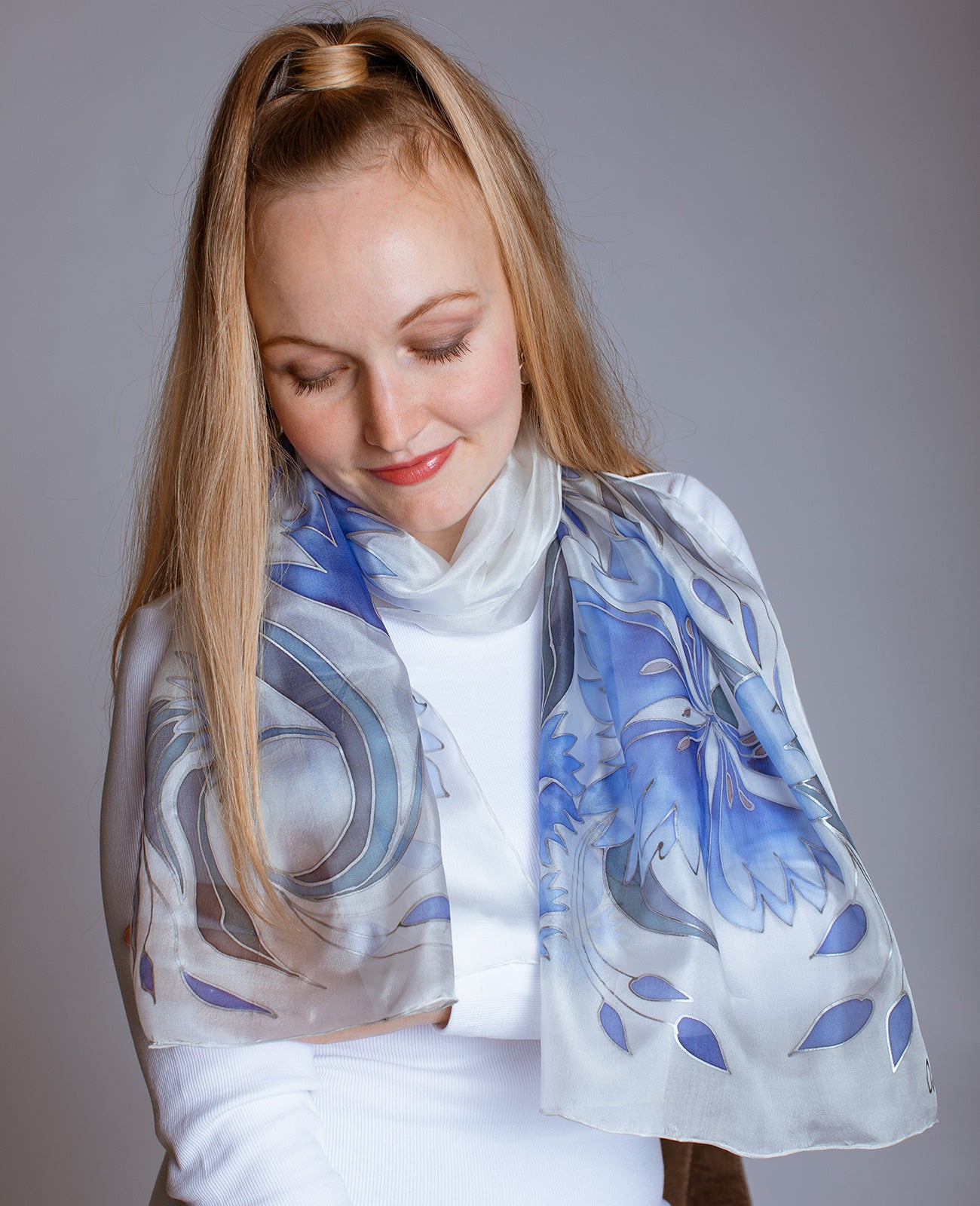 Blue Cornflowers Hand Painted Silk Scarf