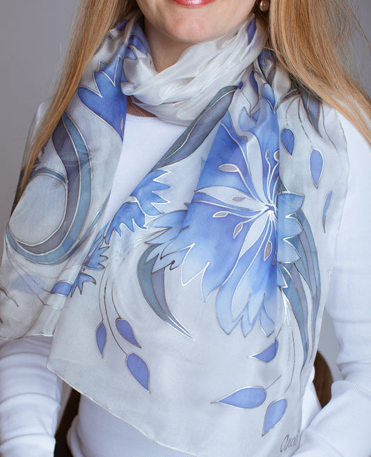 Blue Cornflowers Hand Painted Silk Scarf