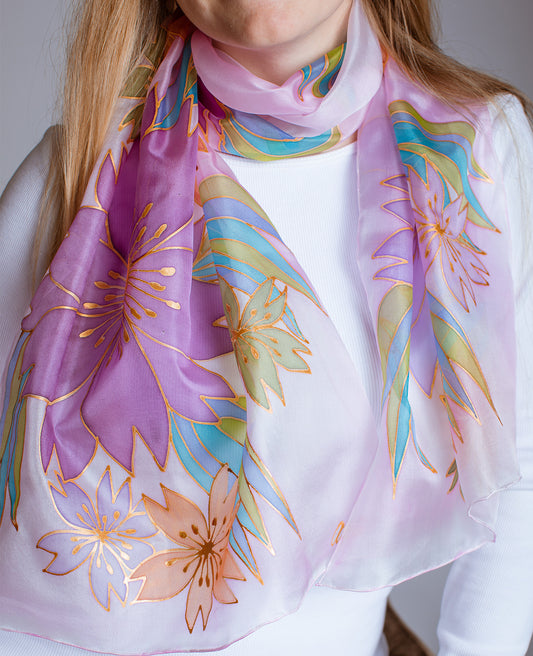 Bright Flowers Hand Painted Silk Scarf