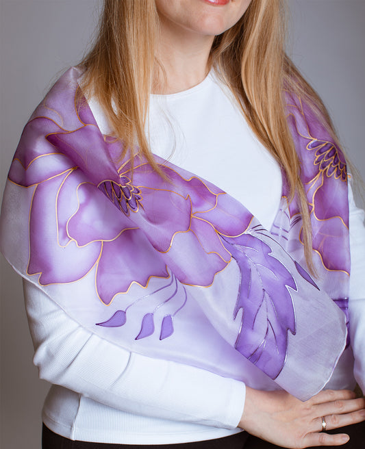 Purple Peony Hand Painted Silk Scarf
