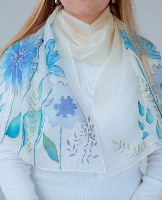 Gorgeous blue flower Hand Painted Silk Scarf