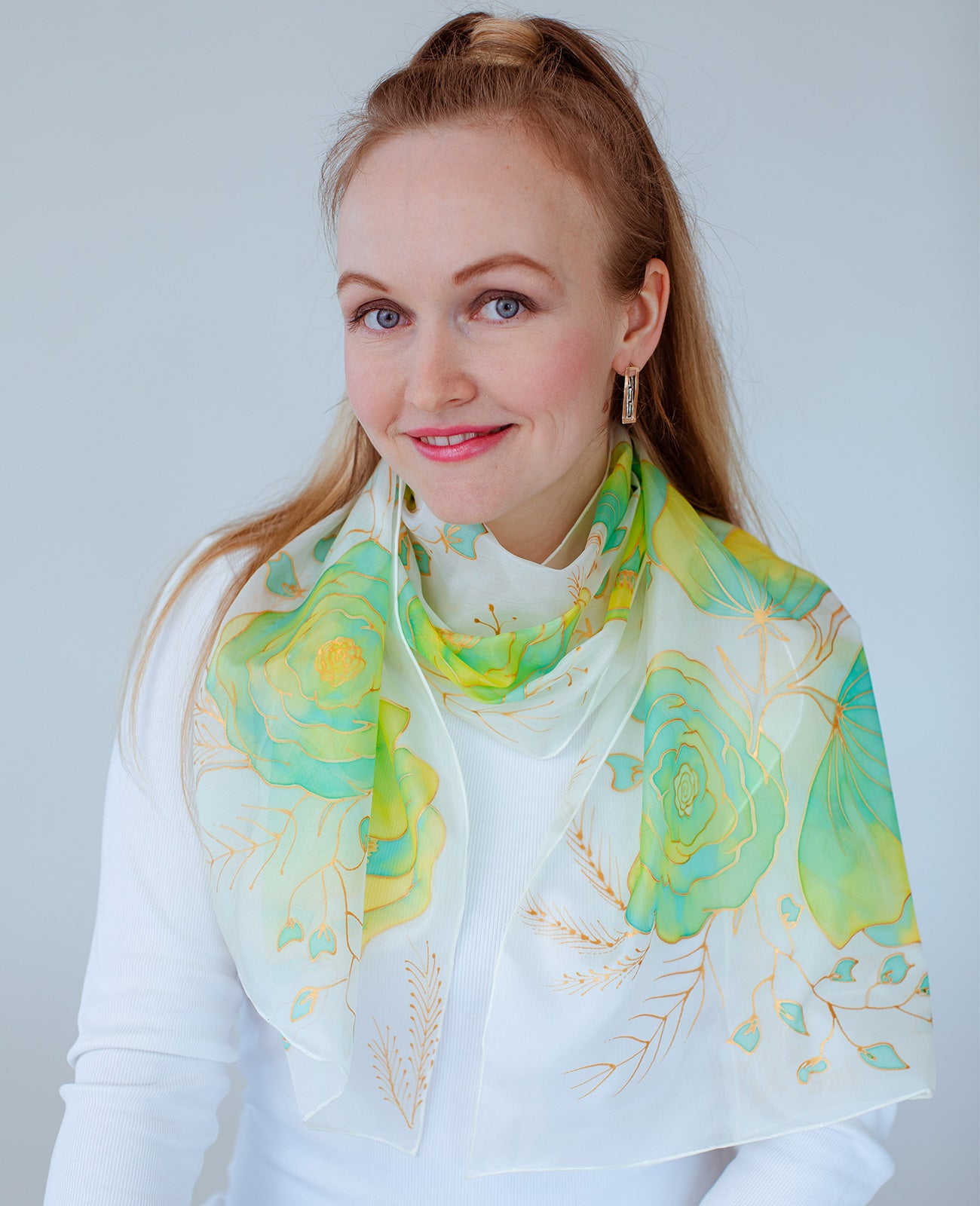 Green Flowers Hand Painted Silk Scarf