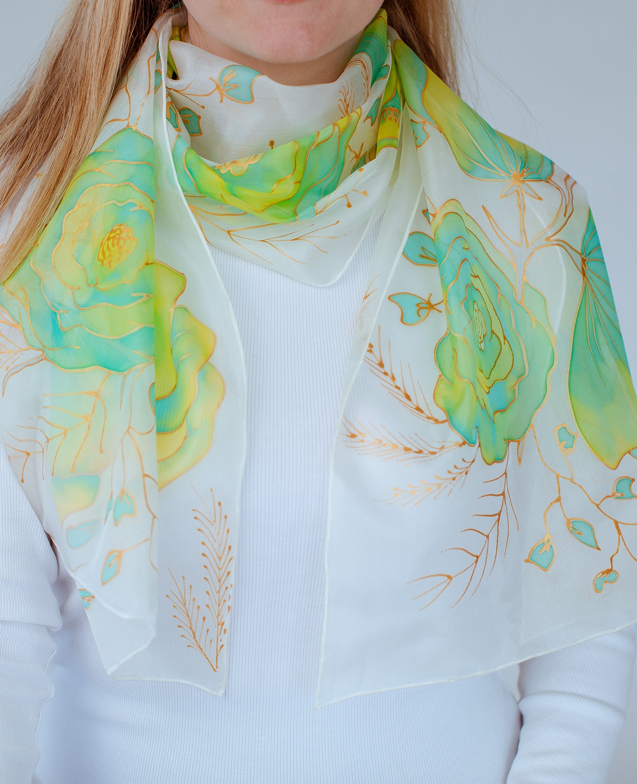 Green Flowers Hand Painted Silk Scarf