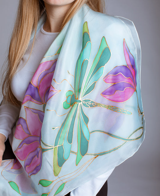 Вragonfly And Purple Flowers Hand Painted Silk Shawl