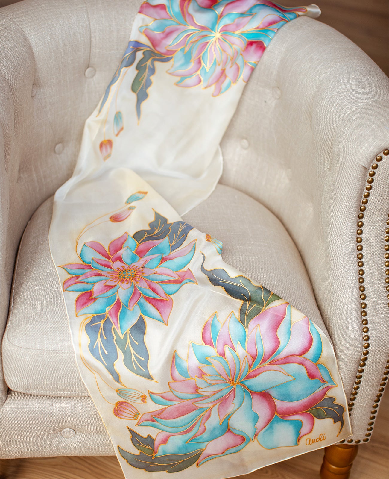 Peony Flowers Hand Painted Silk Scarf