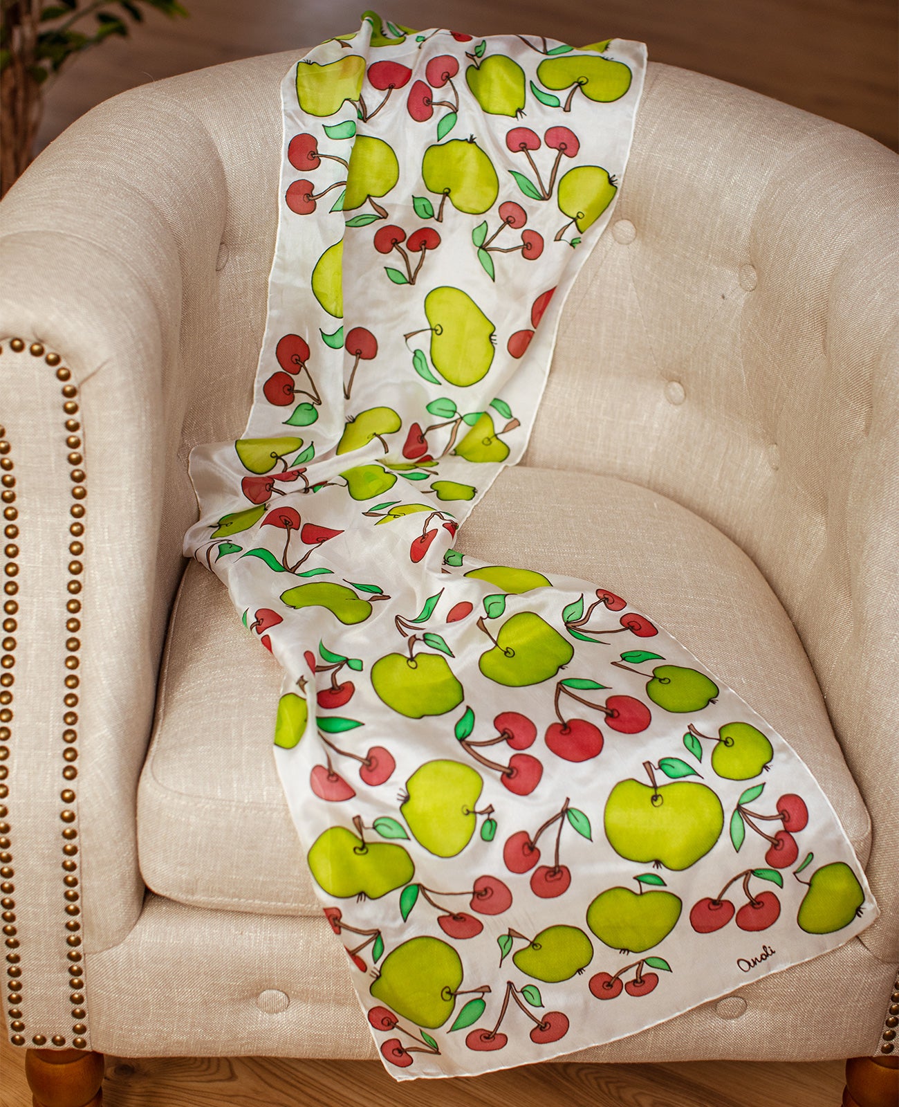 Apple and Cherry Hand Painted Silk Scarf