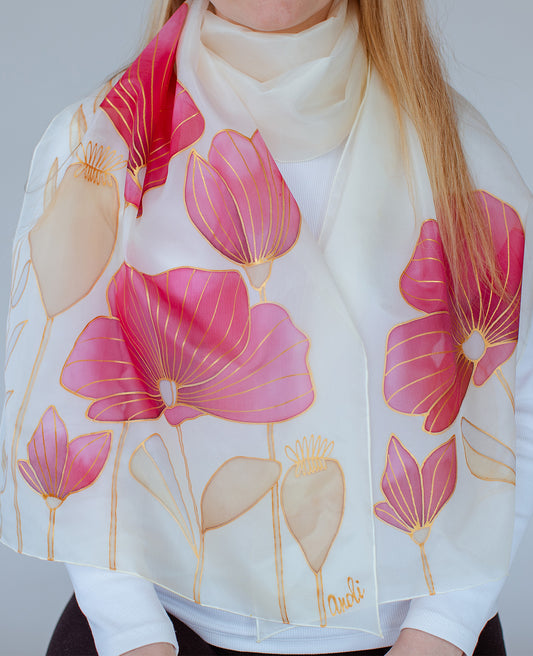 Red poppy Hand Painted Silk Scarf