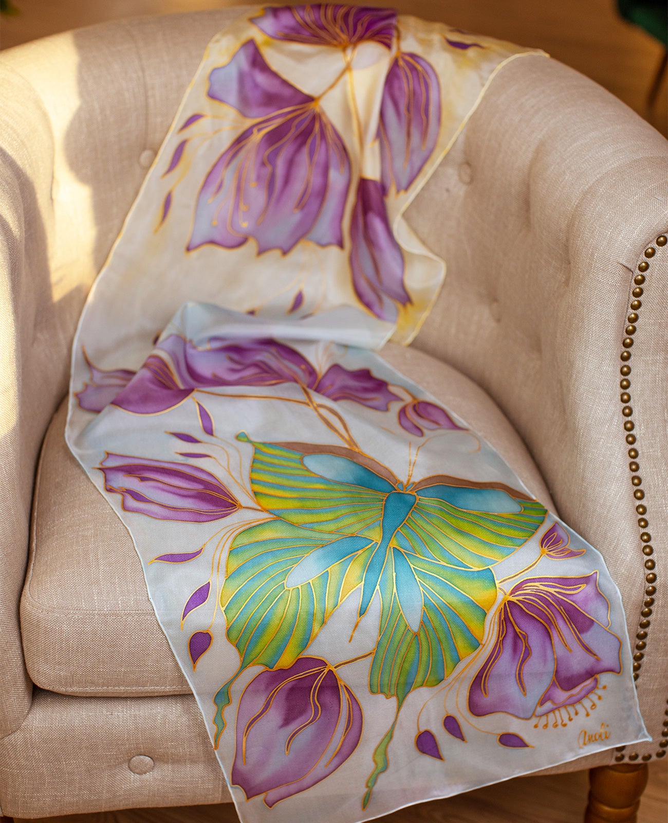 Green Butterfly Hand Painted Silk Scarf