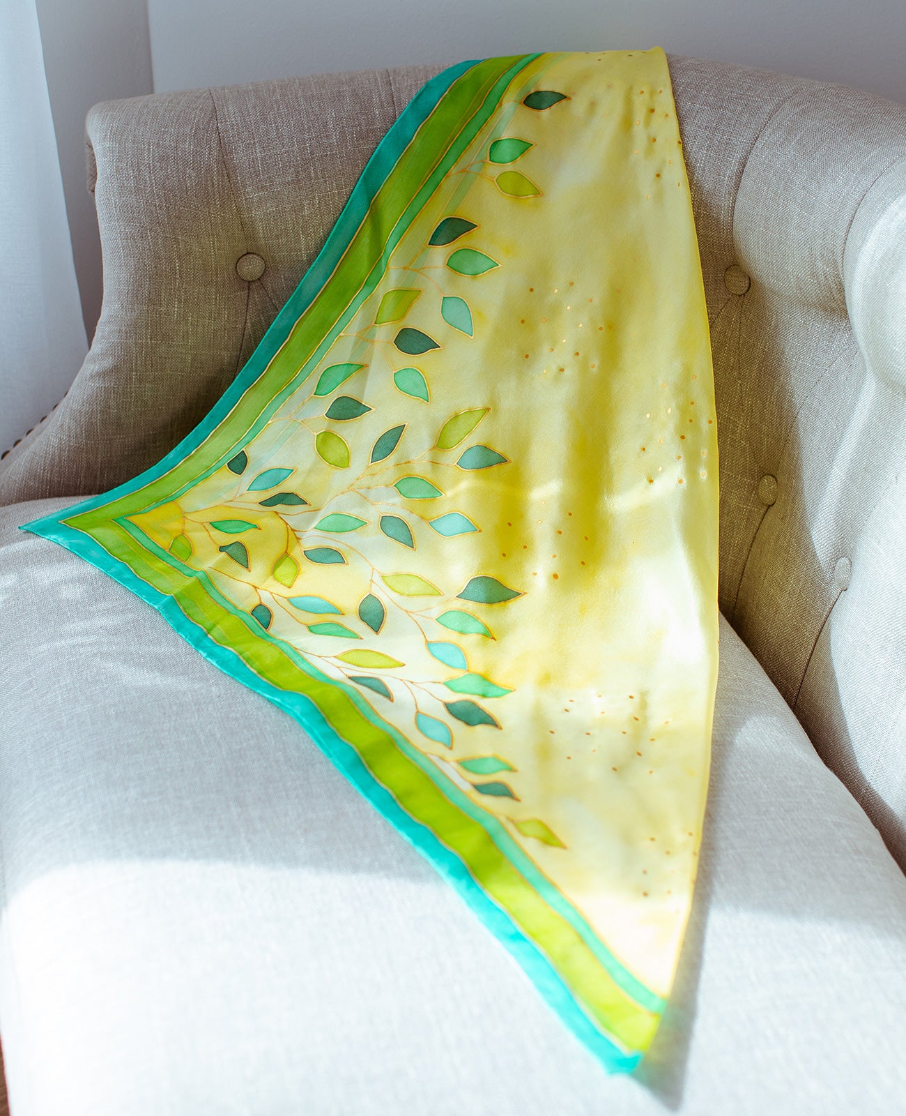 Green leaves Hand Painted Silk Shawl