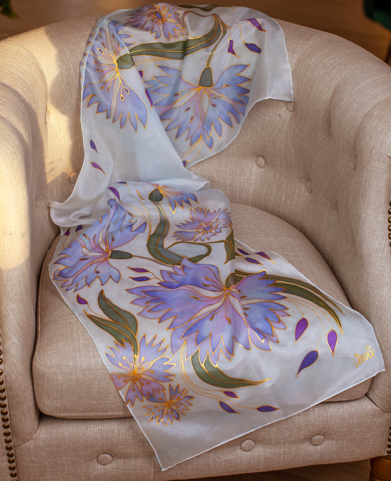 Purple Cornflowers Hand Painted Silk Scarf