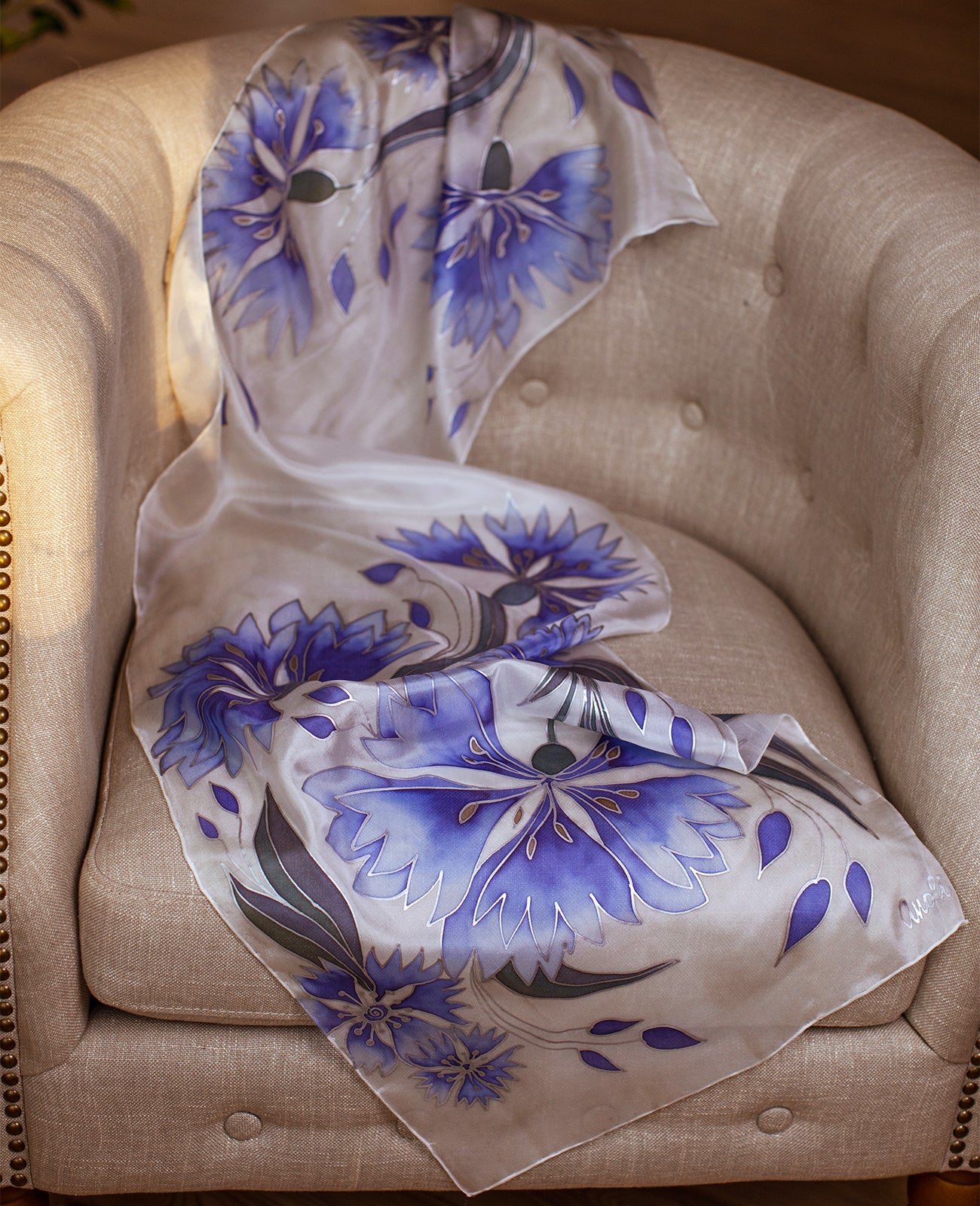 Blue Cornflowers Hand Painted Silk Scarf