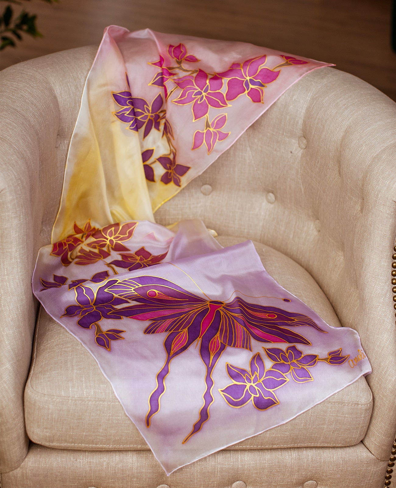 Purple Butterfly Hand Painted Silk Scarf