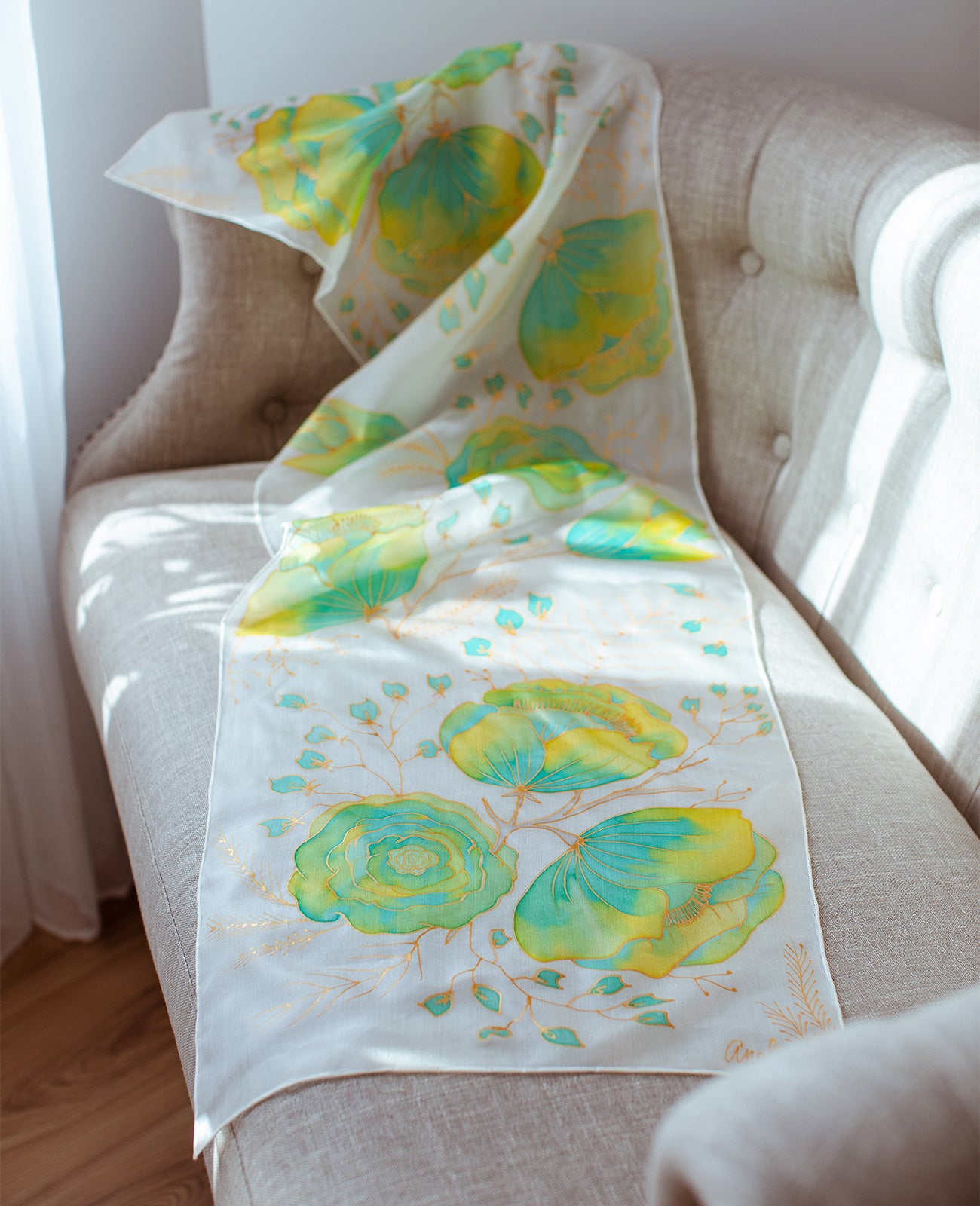 Green Flowers Hand Painted Silk Scarf