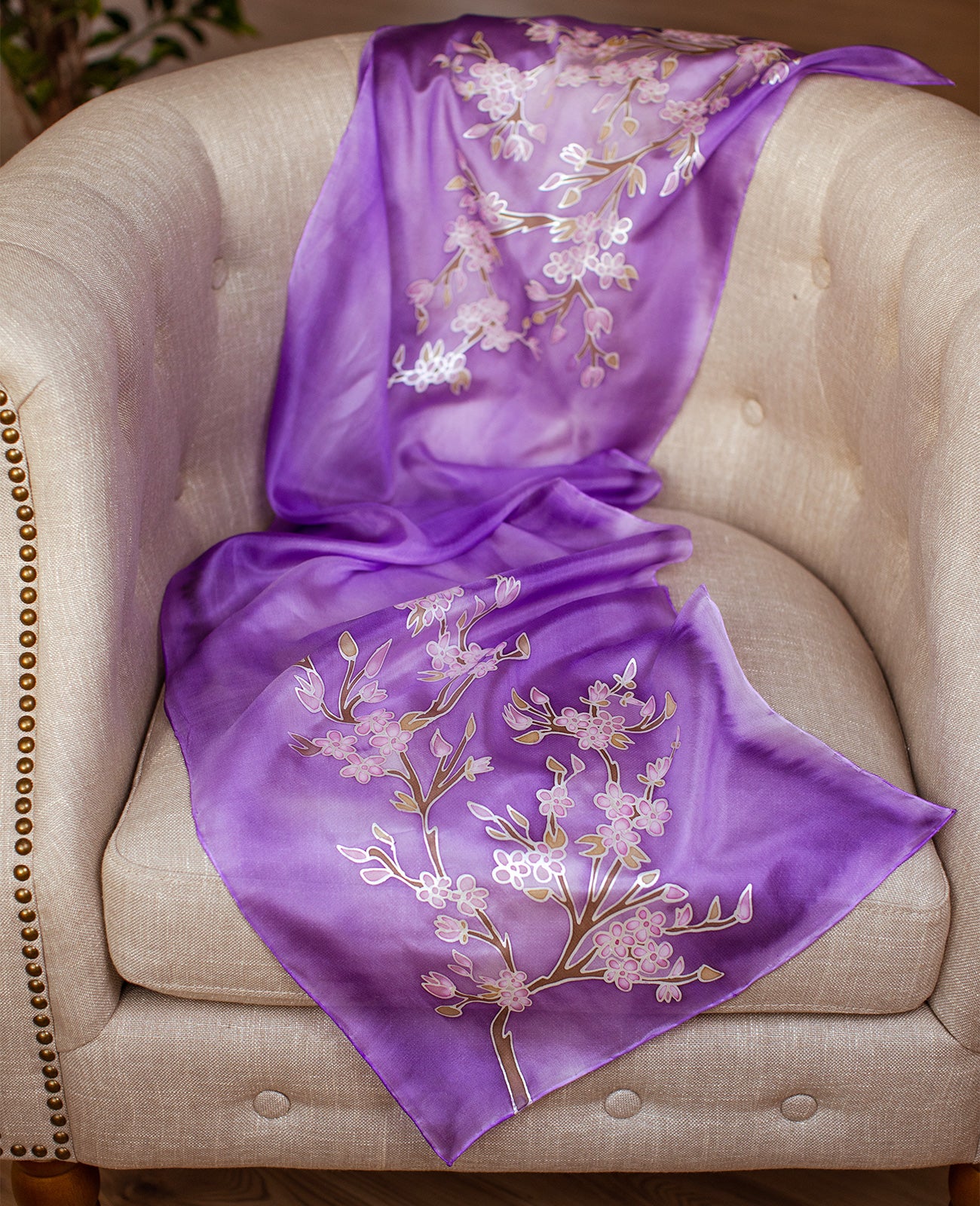 Purple Sakura Hand Painted Silk Scarf