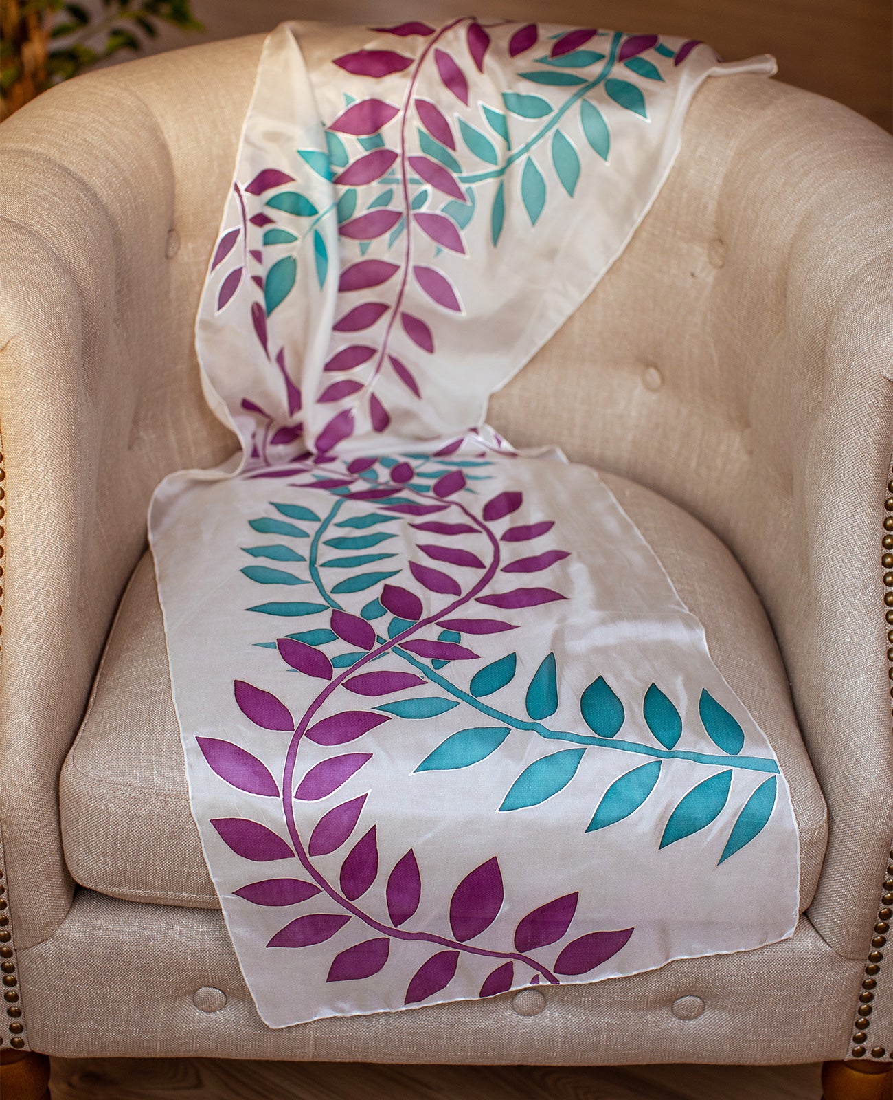 Blue and Purple Leaves Hand Painted Silk Scarf