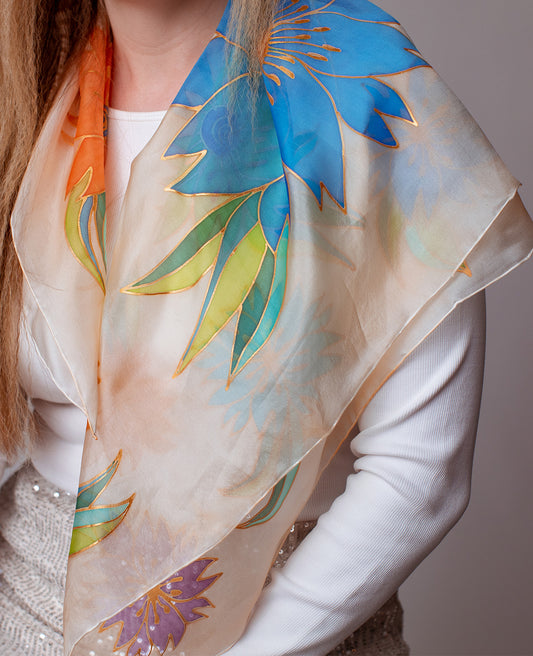 Colorful Flowers Hand Painted Silk Shawl