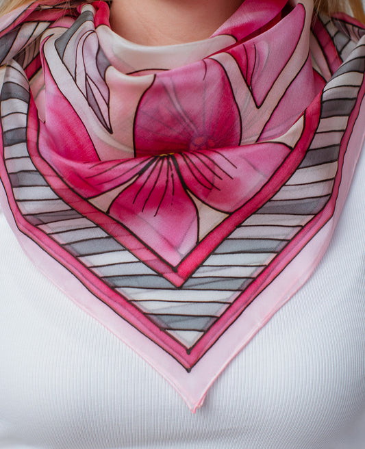 Dark Pink Flowers Hand Painted Silk Shawl