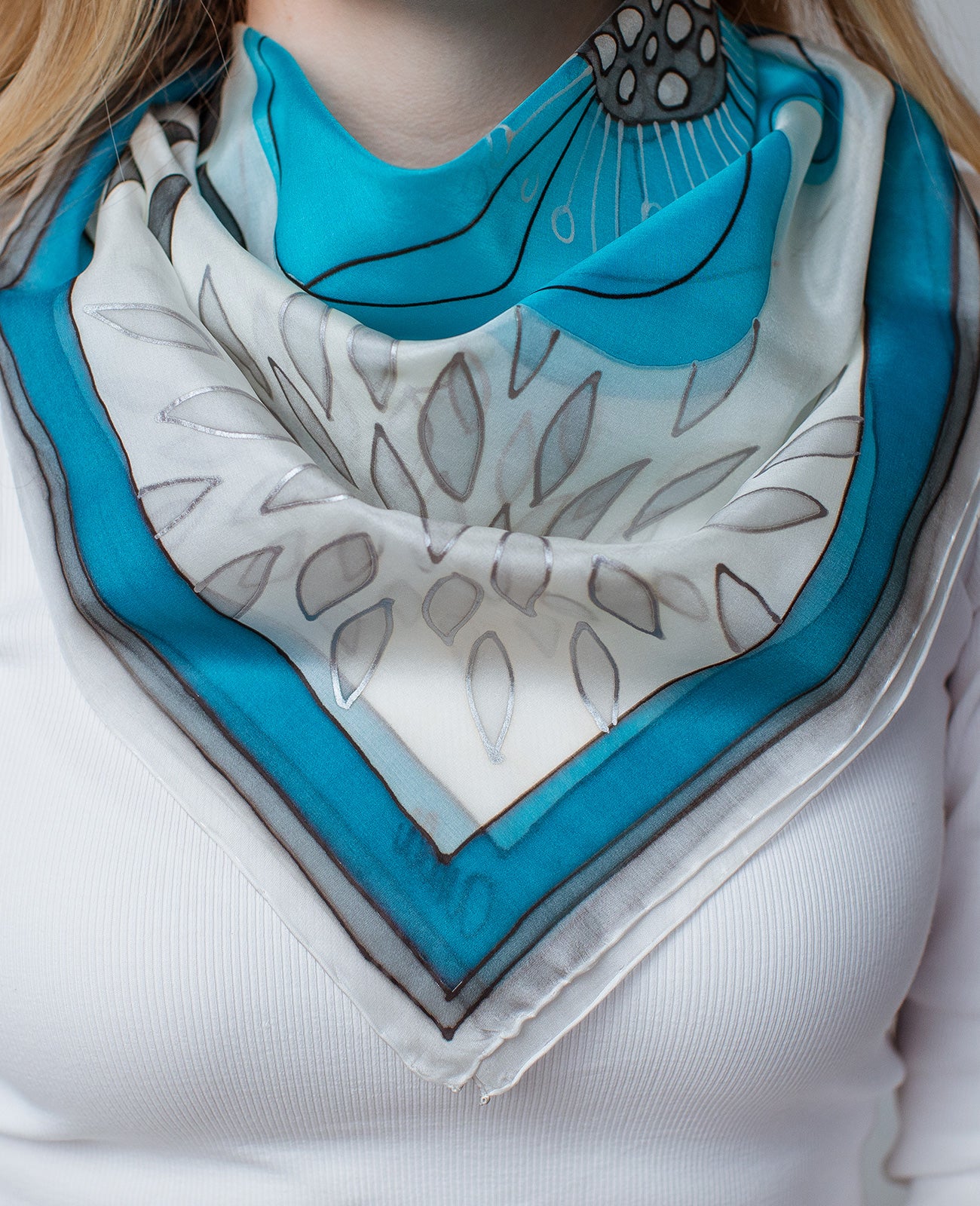 Turquoise Abstraction Hand Painted Silk Shawl
