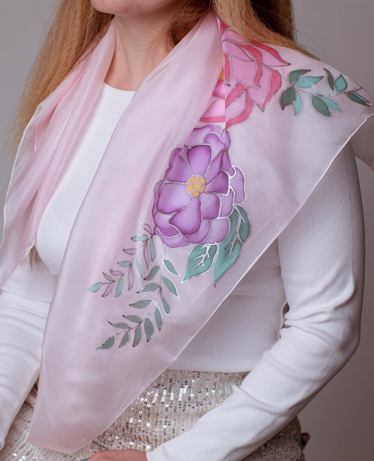 Beautiful Flowers Hand Painted Silk Shawl