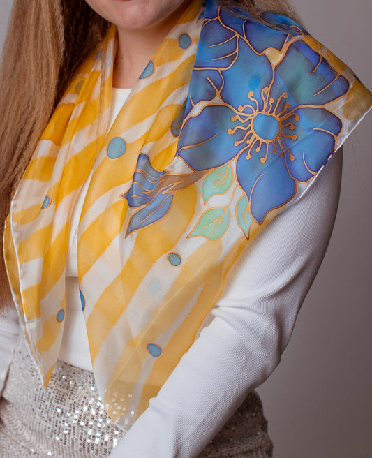 Blue Flowers Hand Painted Silk Shawl