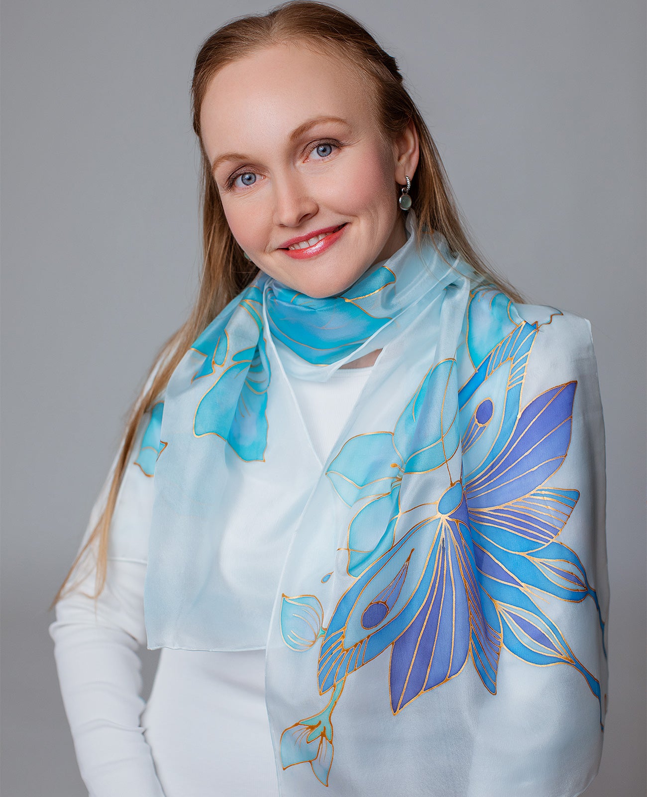 Luxury blue butterfly Hand Painted Silk Scarf