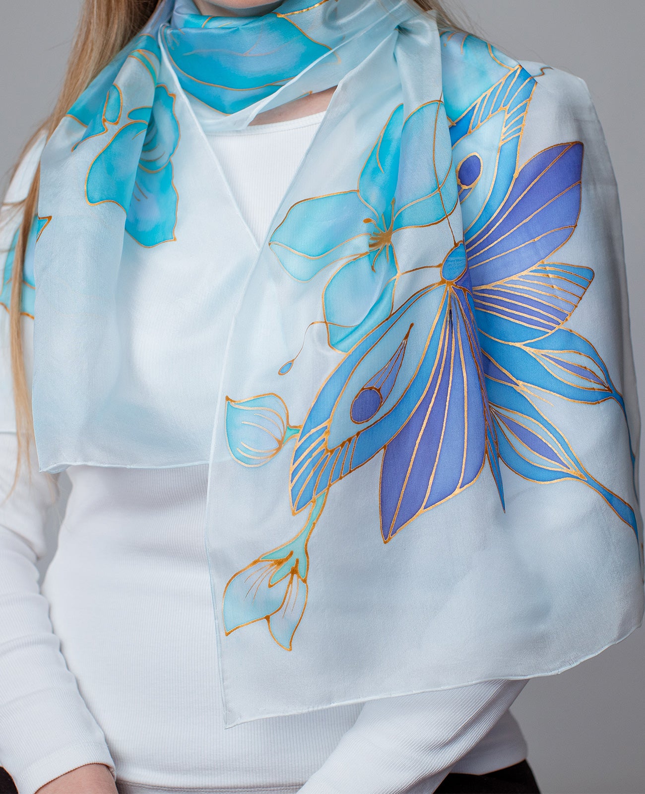 Luxury blue butterfly Hand Painted Silk Scarf