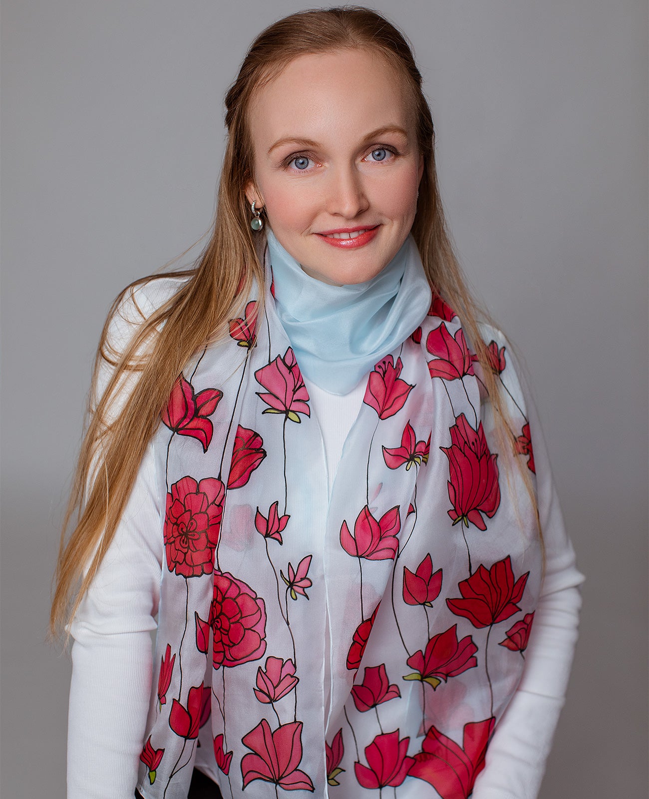 Red Flowers Hand Painted Silk Scarf