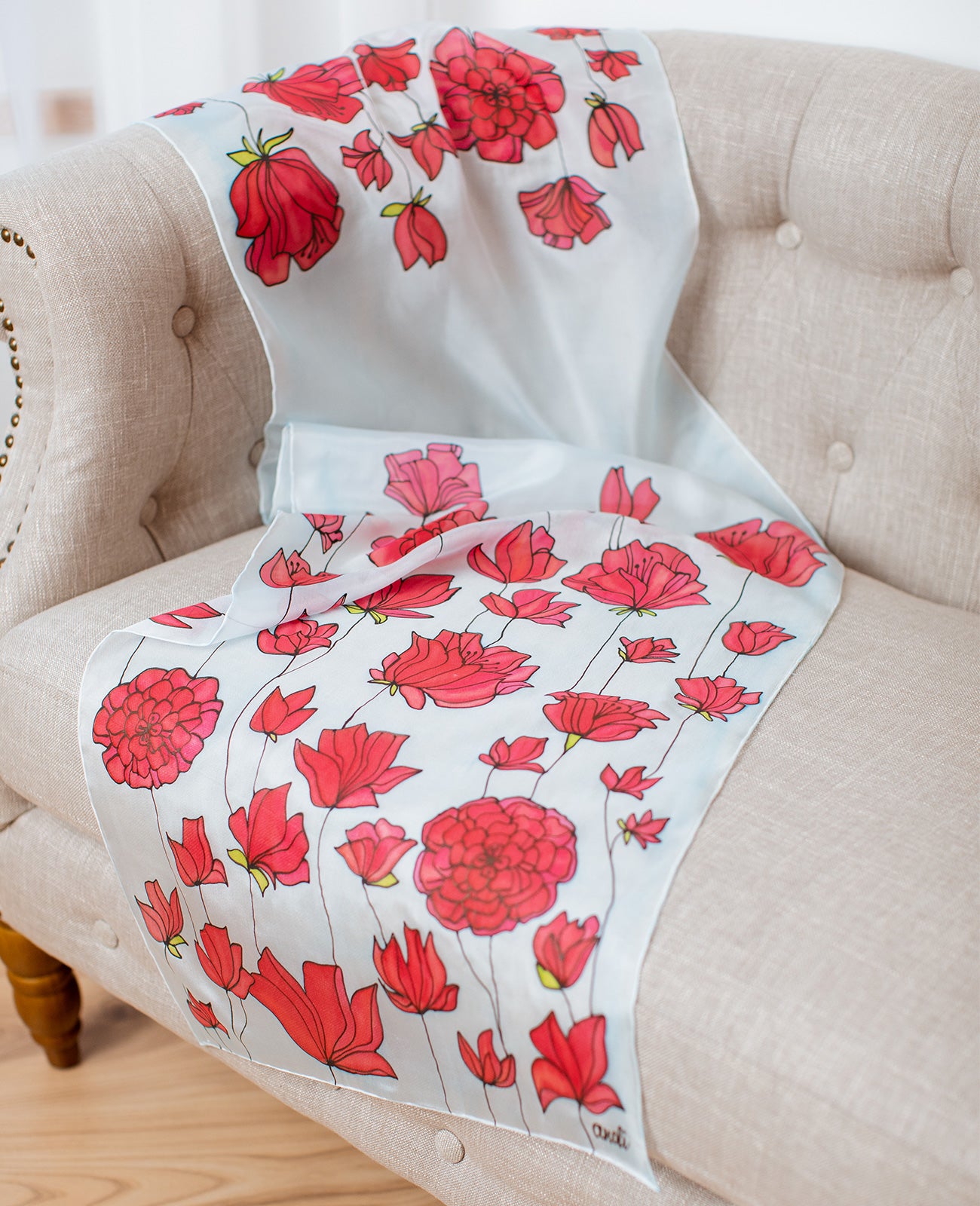 Red Flowers Hand Painted Silk Scarf
