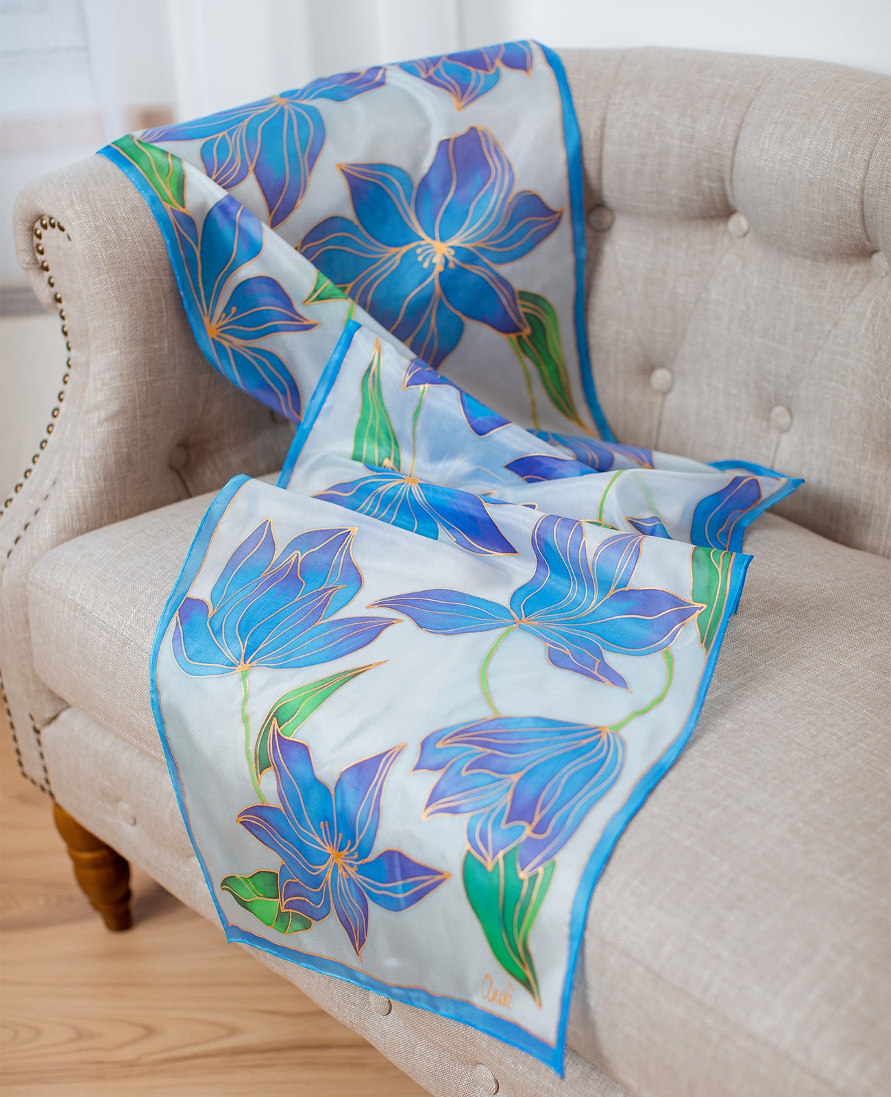 Delicate Flowers Hand Painted Silk Scarf
