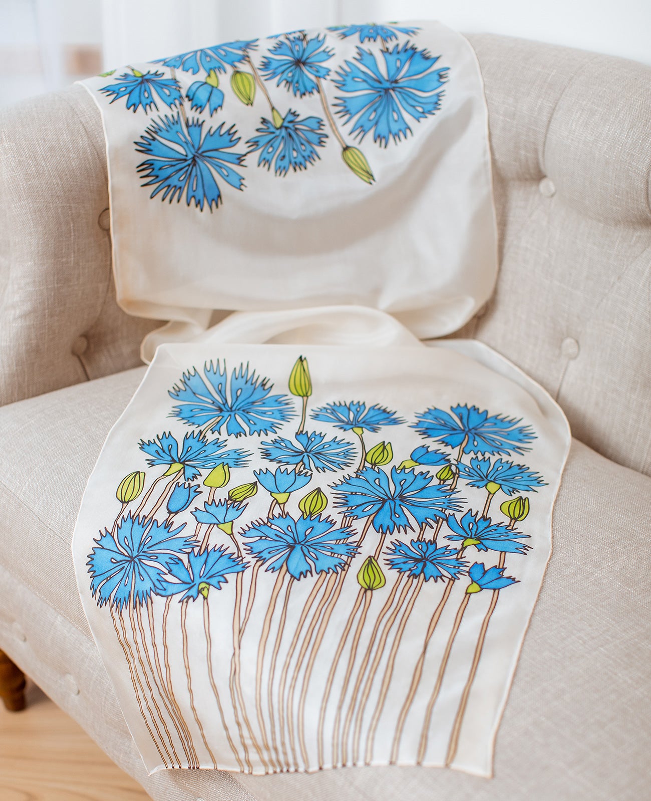 Blue Cornflowers 2 Hand Painted Silk Scarf