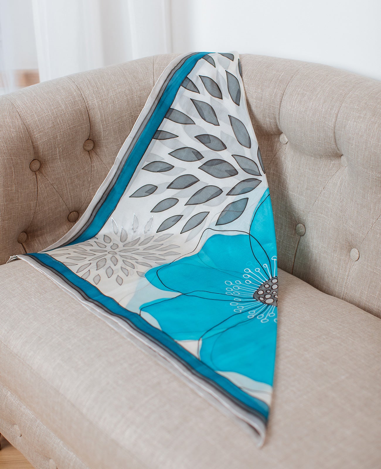Turquoise Abstraction Hand Painted Silk Shawl