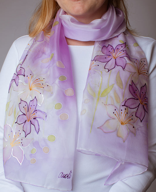Purple Lily Hand Painted Silk Scarf