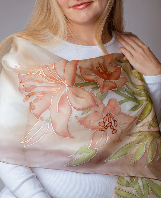 Gorgeous Lily Hand Painted Silk Scarf
