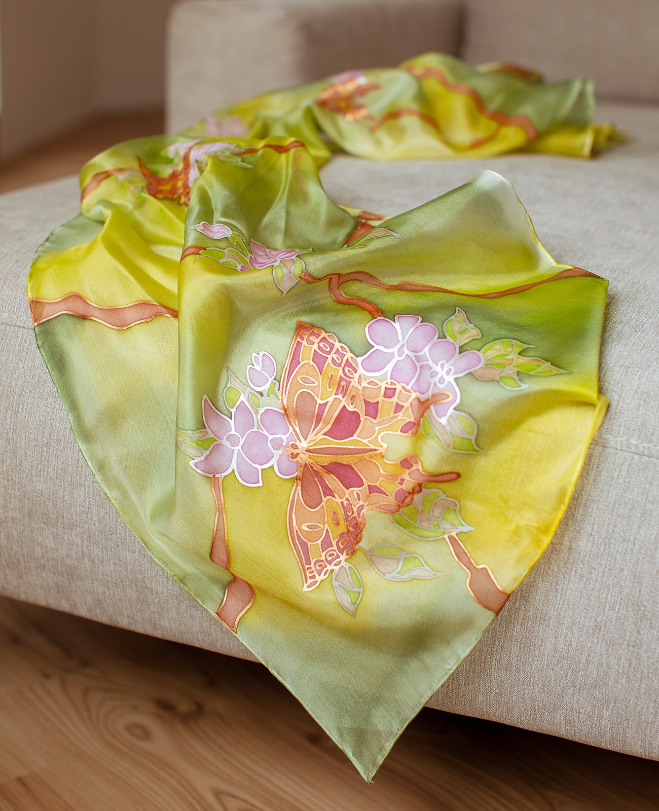 Butterfly (green) Hand Painted Silk Scarf