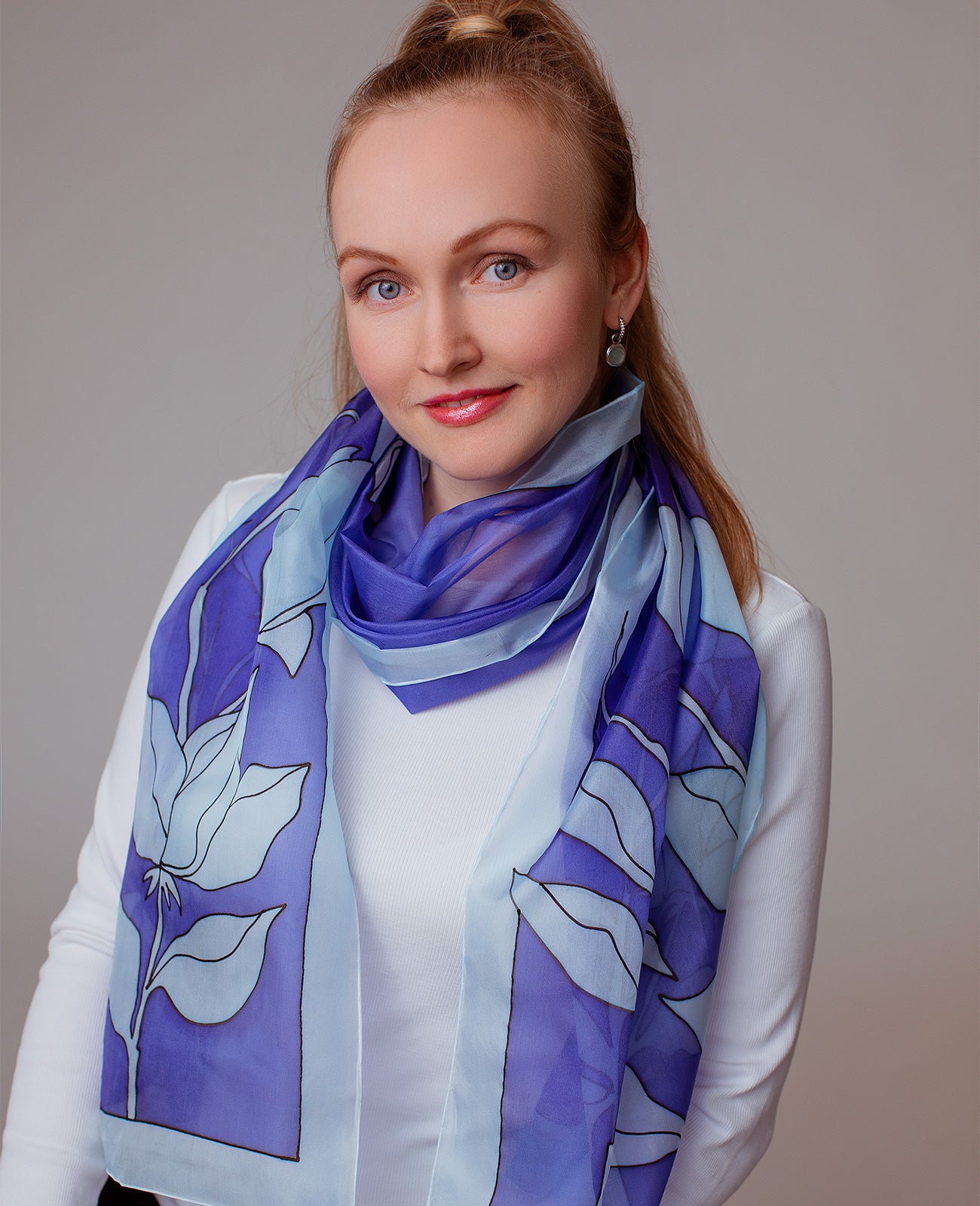 Blue Flower Hand Painted Silk Scarf