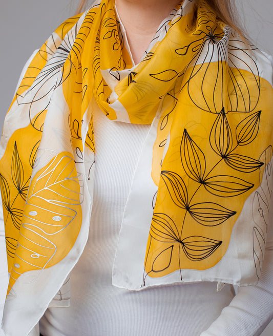 Yellow Abstraction Hand Painted Silk Scarf