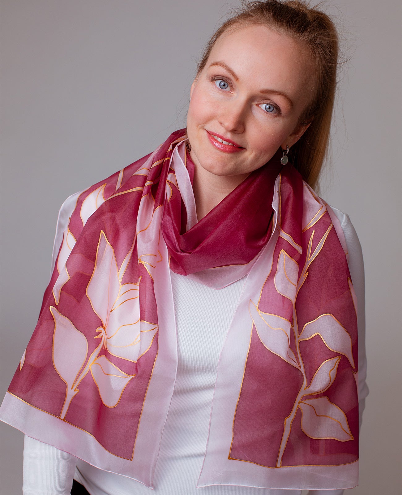 Pink-Red Flower Hand Painted Silk Scarf