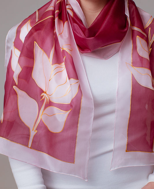 Pink-Red Flower Hand Painted Silk Scarf