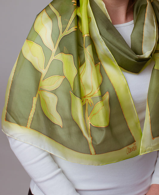 Green Flower Hand Painted Silk Scarf