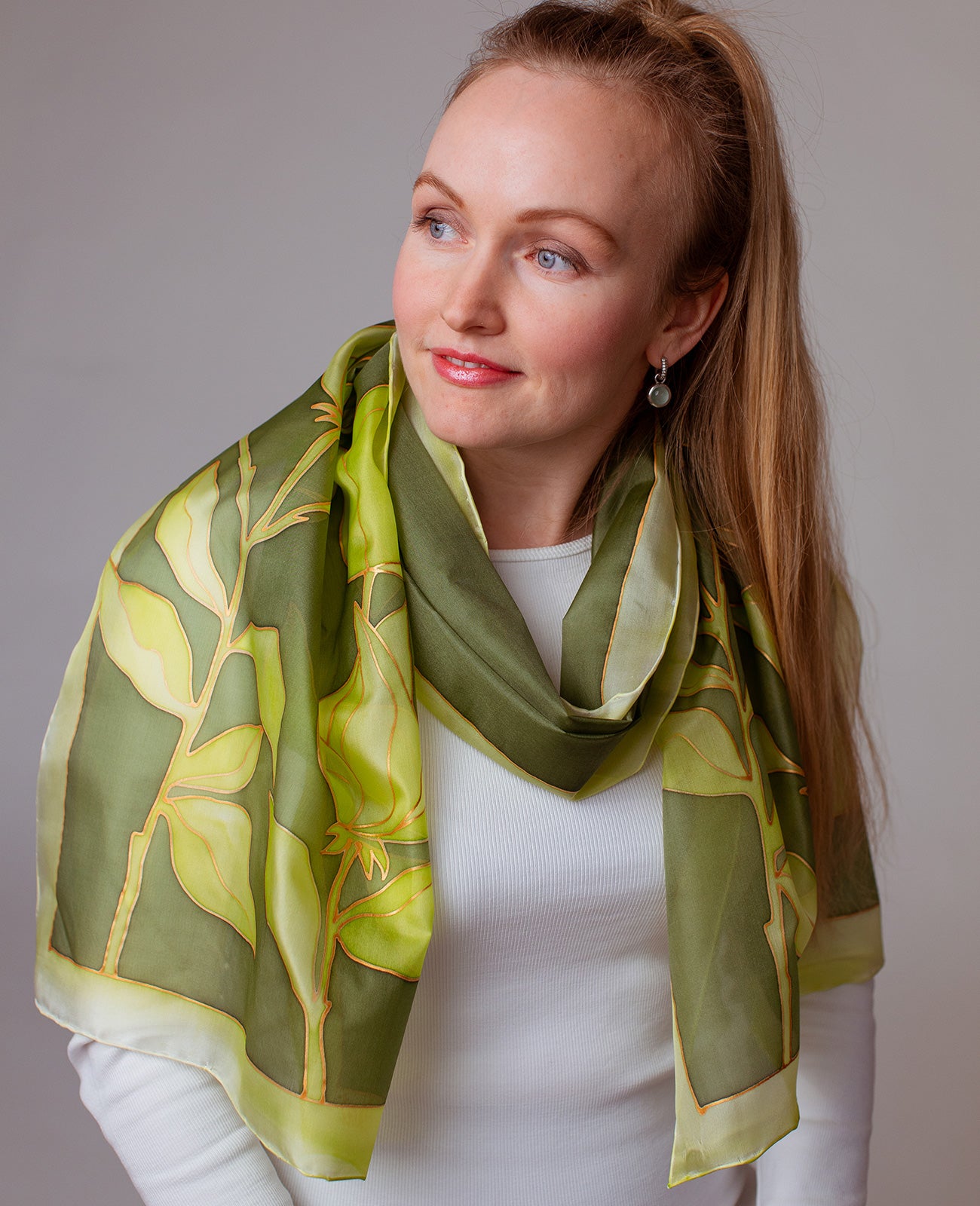 Green Flower Hand Painted Silk Scarf