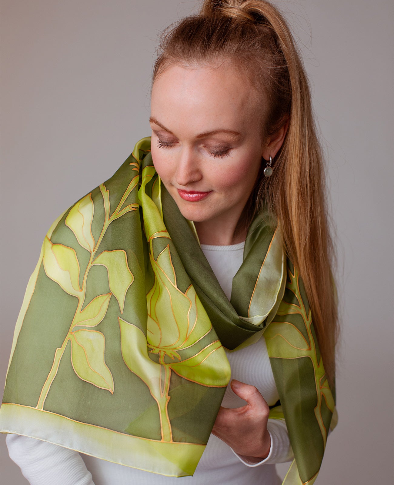 Green Flower Hand Painted Silk Scarf
