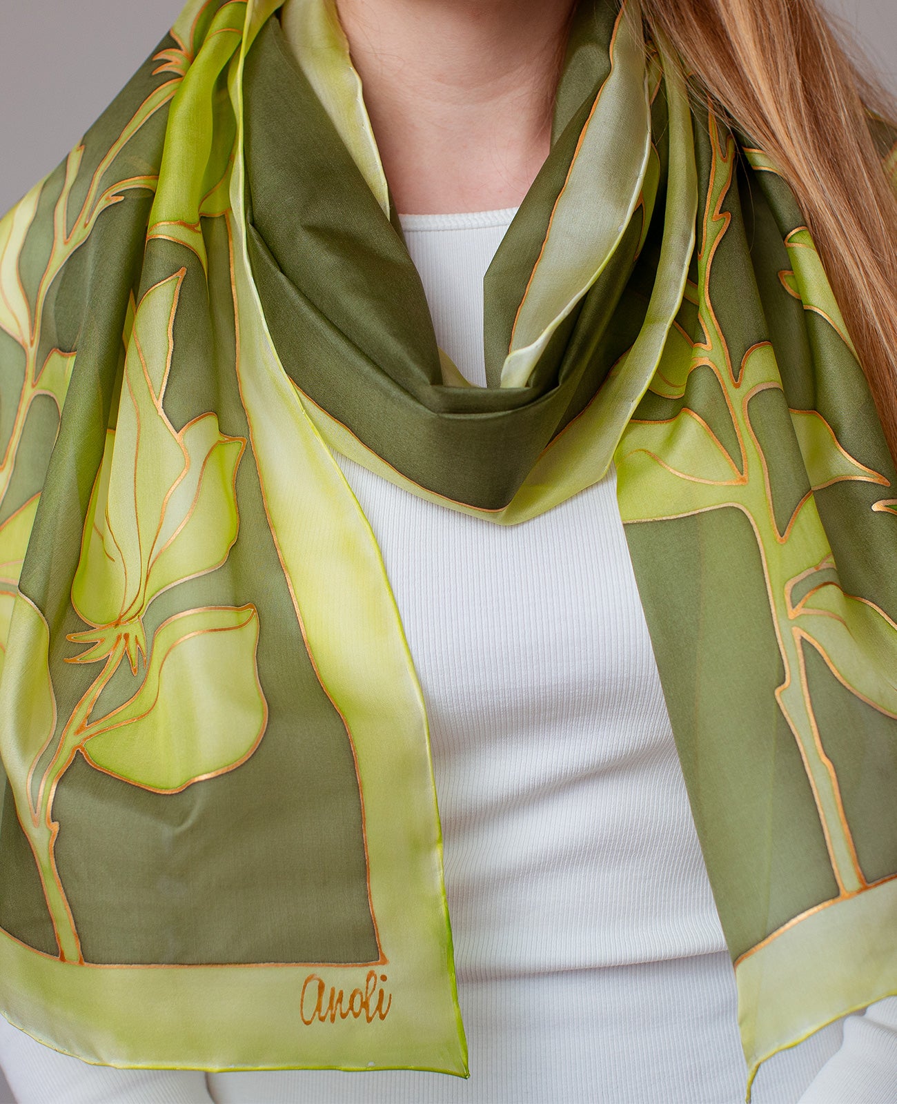 Green Flower Hand Painted Silk Scarf